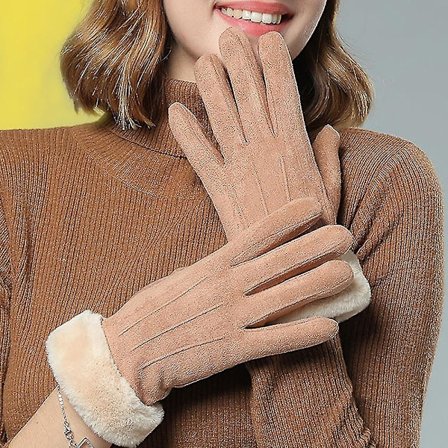 Vinterhandskar för kvinnor i konstläder med mocka-look, helfinger, pekskärm, termiska vantar, handvärmare