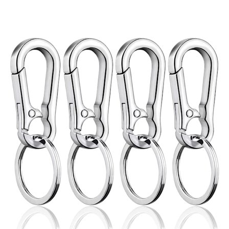 Set med 4 nyckelringar med fjäderbelastade clips, slitstarka och blekningsbeständiga, med snabbkopplingskarbinhake.