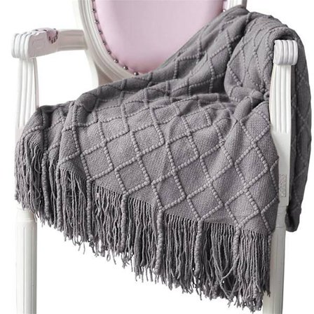 Blød strikket uldplaid med kvaster, hyggeplaid, sofaplaid, soveplaid, pink 150 x 200 cm