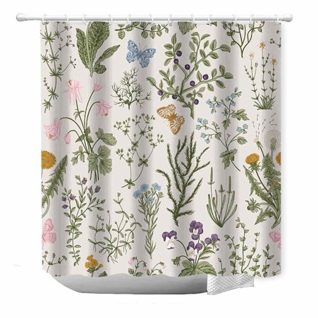 Vintage Blommig Duschdraperi, Salviagrön Retro Botanisk Duschdraperisats, Boho Växter Örter Blomma Fjäril Estetiskt Duschdraperi