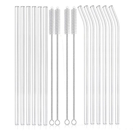 12 st återanvändbara klara glasstrån, oförstörbara glasstrån, 6 raka och 6 böjda