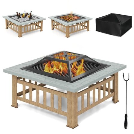 COSTWAY Utomhus Brasero för Trädgård, 81x81x50cm med Korg för Ved, Grill för BBQ, Eldgaffel och Lock, Grå