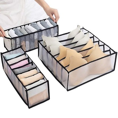 3 stk. sammenklappelige bh-opbevaringsboks med nylonnet til opbevaring i skabet til sokker, undertøj, slips, lingeri og tørklæder