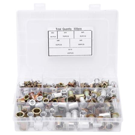 Nitarmutter-set 300 st kolstål platt huvud gängad M3 M4 M5 M6 M8 M10