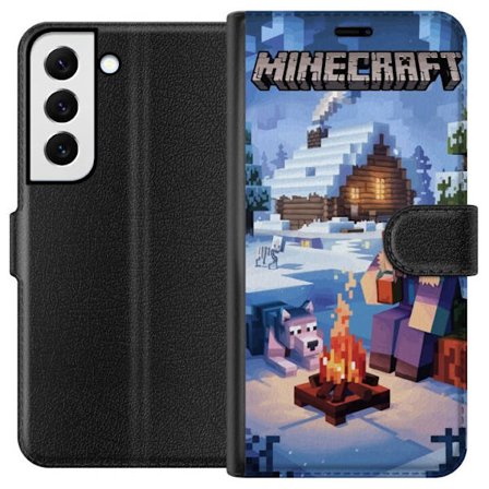 Kompatibelt Plånboksfodral till Samsung Samsung Galaxy S22 5G Minecraft vintermotiv med Steve, varg, lägereld och snöig stuga spelinspirerad illust