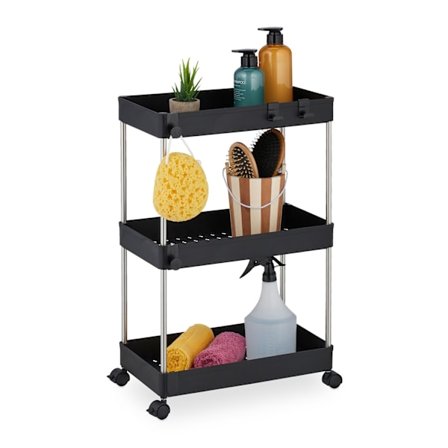 Nischvagn med 3 hyllor, svart, mobil förvaring