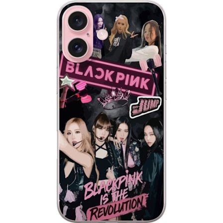 Yhteensopiva Puhelinkuori Apple Apple iPhone 16 BLACKPINK kollaasi esiintymiskuvilla, kruunu, valotikut ja teksti Blackpink Is The Revolution tummassa