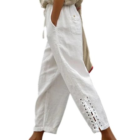 Casual Byxor med Mellanhög Midja och Elastisk Linning, Dragsko, Fickor, Bandage Manschetter, Enfärgad Sommar Dam Byxor Streetwear