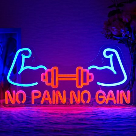 No Pain No Gain -neonkyltti kuntosalin sisustukseen, kuntosalin neonkylttivalo, käsipaino-LED-kyltti, painonnosto-LED-valot, lihas-neonvalo, 