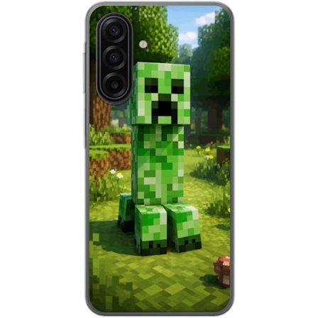 Kompatibelt Mobilskal till Samsung Samsung Galaxy A17 5G Block-baserad Creeper-figur i en grön pixell värld, ikonisk spelillustration för barnrum,