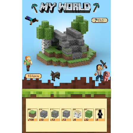 Minecraft Byggeklodser, Magnetiske Byggeklodser Legetøj - Stenbuebro 184 Klodser, 5 Figurer