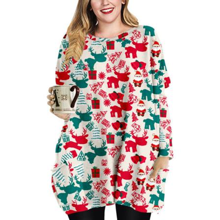 Kvinnor Med Fickor Print Longline Pullover Crew Neck T-shirt
