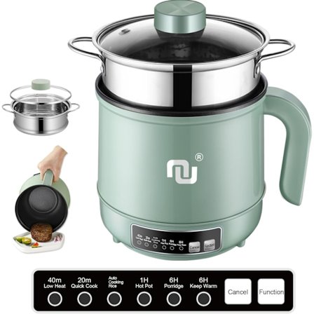 Smart Mini Håndholdt Gryte med Timer og Automatisk Avstenging 1,2L Ikke-Klistrende Rask Nuddelkoker med Rustfritt Stål Dampkurv B