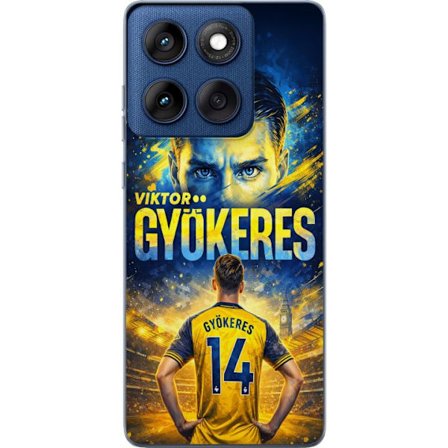Kompatibelt Mobildeksel til Motorola Motorola Edge 60 Viktor Gyökeres fotballplakat i gult og blått med dramatisk stadionbakgrunn, sportillustrasjon