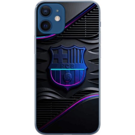 Kompatibelt Mobildeksel til Apple iPhone 12 FC Barcelona klubbemblem i neonblått og rosa med futuristisk metallisk design