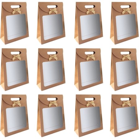 12 stk. Kraftpapirposer, Gavepose med vindue, Brune Kraftpapirposer, til Banketgaveindpakning, Cookies, Slik