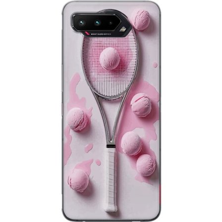 Kompatibel Mobilcover til Asus Asus ROG Phone 5 Rosa glaskugler og tennisketsjer i et kreativt stillbillede med legende popfølelse og moderne design,