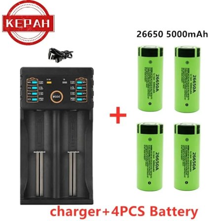 Original högkvalitativt 26650 batteri 5000mAh 3,7V 50A litiumjon uppladdningsbart batteri för 26650A LED ficklampa+laddare