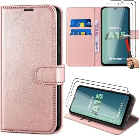 Etui + 2 hærdede briller til Samsung Galaxy A15 5G-4G Pink, stødsikker PU-læderbeskyttelse med kortholder