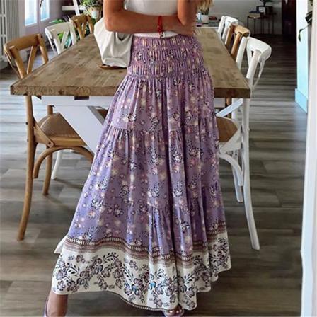 Boho Casual Print Maxikjol Dam Sommar Sexig High Waist Kjol