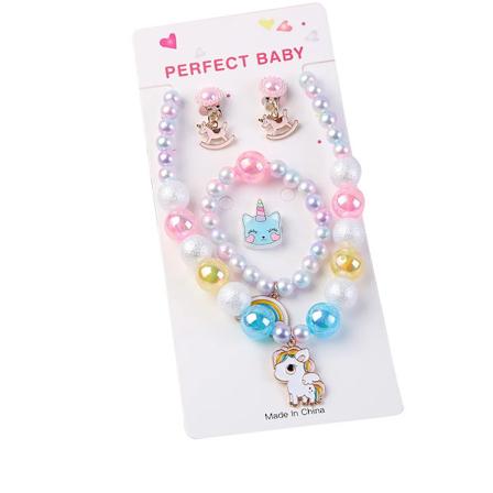 Barnehalsbånd Imitert Perle Rosa Perler Blomst Halsbånd Ring Ørepynt Armbånd For Barn Jenter Barn Smykkesett Unicorn