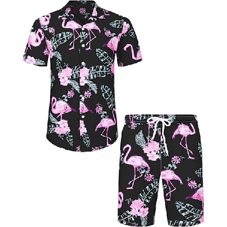 Herre Hawaiiskjorte og Shorts Sæt Regular Fit Kortærmet Casual Funky Strand Flamingo Skjortesæt XXL