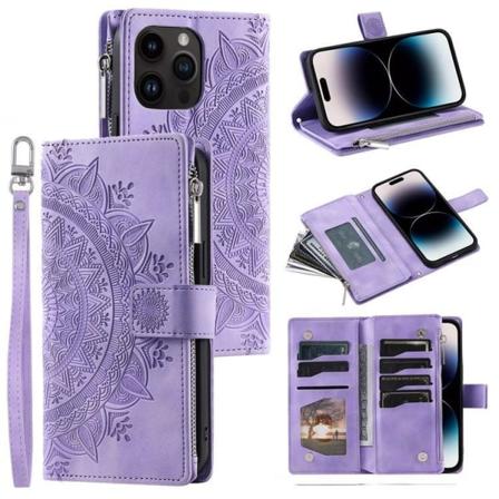 iPhone 15 Pro Max Plånboksfodral Mandala Flower Imprinted - Lila