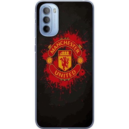 Kompatibelt Mobildeksel til Motorola Motorola Moto G31 Manchester United logo i rød og gul farge med røff sportslig bakgrunn