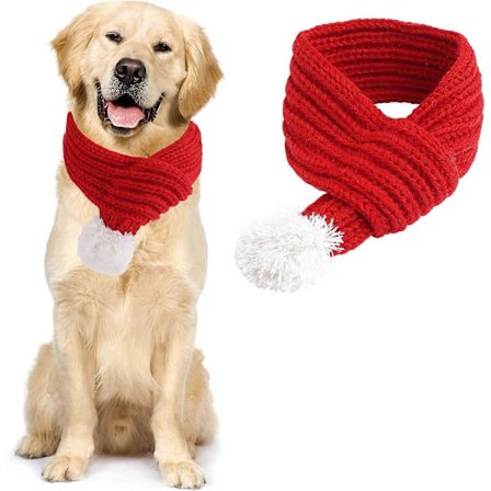 Julehalstørklæde til Hund & Kat, Nissehalstørklæde, Strikket Vinterhalstørklæde til Kæledyr, Halsvarmer med Hvid Pompom, Juledekoration, Rød (Stor)
