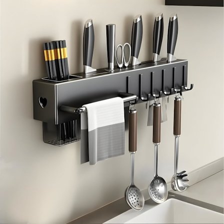 Keittiön seinähylly, jossa 6 irrotettavaa koukkua ja pyyheteline, veitsiteline, itseliimautuva/rei'itetty, veitset ja keittiövälineet