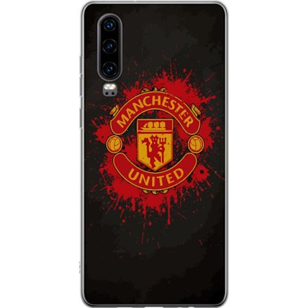 Kompatibelt Mobildeksel til Huawei Huawei P30 Manchester United logo i rød og gul farge med røff sportslig bakgrunn