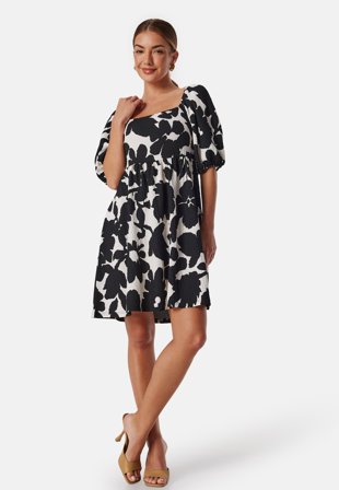 Bubbleroom - Puff Sleeve Short Dress - Patterned - Kläder