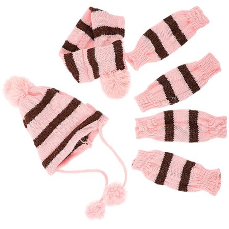 1 set stickad vinter hund halsduk hatt set hund varm kostym husdjur festival strpe kläder vinter accessoarer storlek M rosa och brun