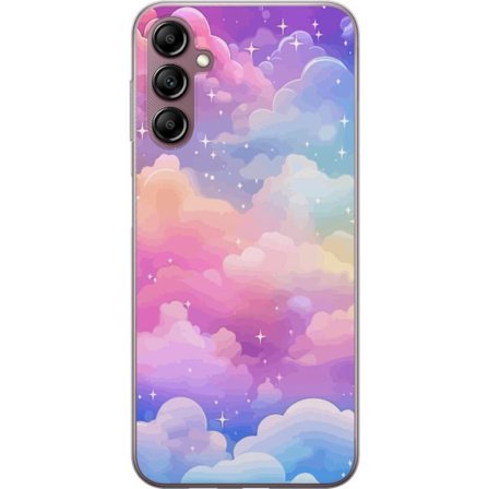 Kompatibel Mobilcover til Samsung Galaxy A14 5G Sød enhjørning med regnbuehår mod en stjerneklædt pastelbaggrund i kawaii-stil