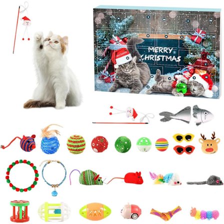 Julekalender til katte 2024 - 12/24 kattelegetøj, fjerlegetøj til katte og legetøjsmus - gave til killinger (24 stykker) Y