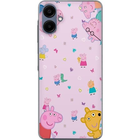 Kompatibel Mobilcover til Samsung Galaxy A06 Peppa Gris med en baby i armene, morgris motiv i farverig og blød børneillustration med hjerter