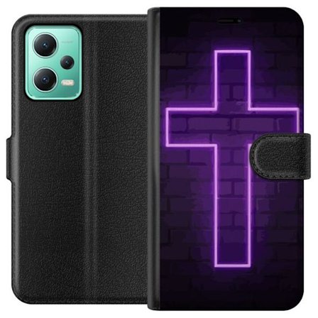 Kompatibelt Lommeboketui til Xiaomi Xiaomi Redmi Note 12 Neonkors i lilla lys mot mørk murvegg, symbolsk motiv med sterk glød moderne estetikk og dr