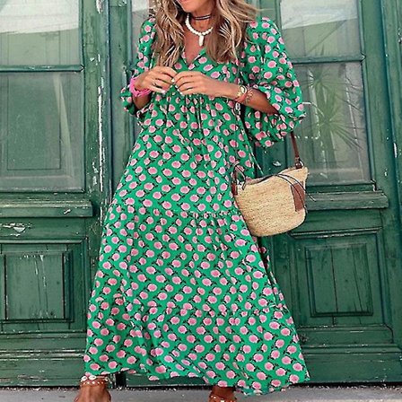 Kvinnor Blommönster Print Casual ommar Maxiklänningar Randig tunika Dress_R
