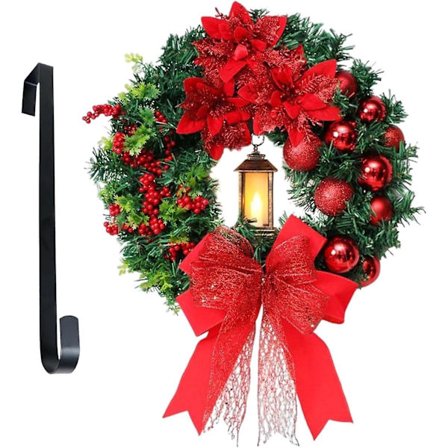 Kunstig julekrans, 43,2 cm stor julekrans for utendørsdekorasjon med batteridrevet LED-lys, kunstig rød julekrans