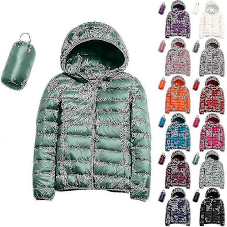 Uformell, lett dunjakke for kvinner med hette, pakkbar boblejakke, ultralett kort dunjakke med oppbevaringspose