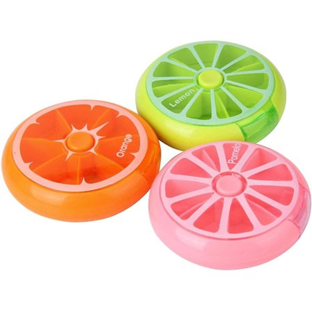 Pakke med 3 (appelsin/citron/pomelo) Creative Portable Mini 7-dages ugentlig cirkulær form Roterende sød frugtstil pilleopbevaringsæske