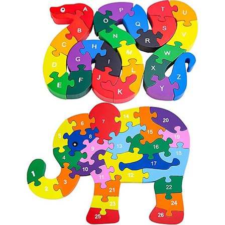 2 stk. Dyrepuslespill i tre, Alfabetisk puslespill, Slange og Elefant Bokstaver og Tall Klosse Leker for Barn - Slange og Elefant