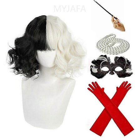 Anime Cruella de Vil Cosplay-peruukki, lyhyt kihara, puoliksi musta puoliksi valkoinen, lämmönkestävä synteettinen hius, Cruella-peruukki + 