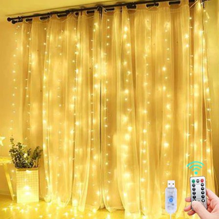 Indendørs lyskæde, 3m×3m, 300 LED'er med 8 tilstande fjernbetjening justerbar lysstyrke, Ramadan dekoration, soveværelse, vindue, jul (varm hvid)