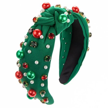 Hiuspanta naisille, joulusolmio, koristeltu kristallipärlöillä, tyylikäs leveä hiuspanta, joulupukulahja - Vihreä