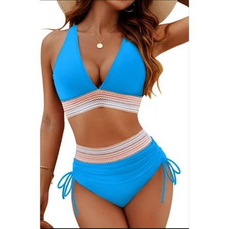 Høy midje bikini sett med magekontroll og fargeblokkdesign todelt snøredrakt