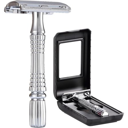 Dobbelkantet sikkerhetshøvel rustfri gjenbrukbar manuell rustfritt stål DE våtbarbering for menn kvinner med speil reiseveske sølv