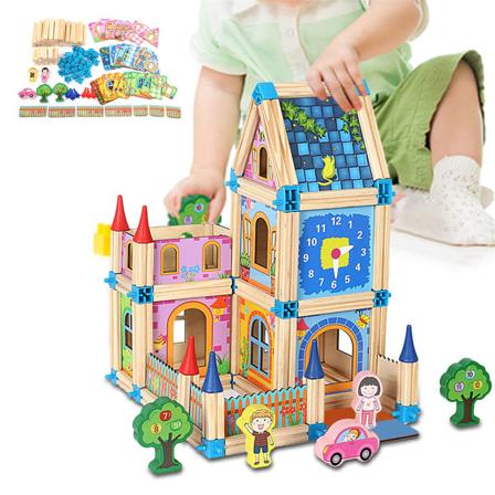 Byggesett for barn, leketøy med minifigurer, pedagogisk treslott for gutter og jenter bursdagsfestgaver (128 deler)