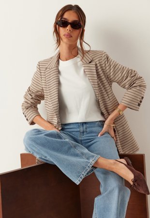 BUBBLEROOM - Oversized L/S blazer - Beige/Checked