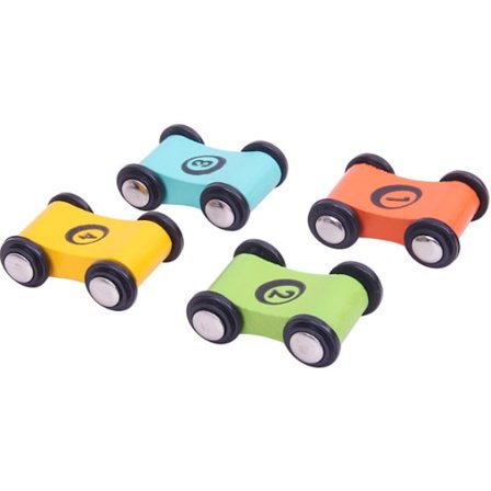 Träbilbana med ramp - Leksaksbilset för småbarn - Ersättningsbilar 4-pack - Matchande spårfordon